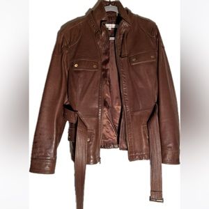 Women’s belted brown leather jacket